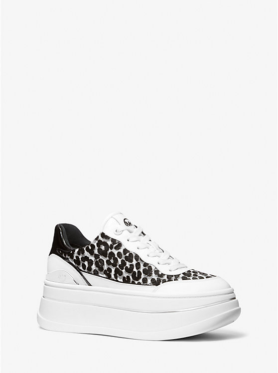 Women Michael Kors Hayes Leopard Print Calf Hair Platform Sneakers Black | HRAQNP-652