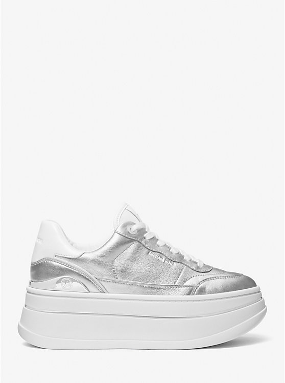 Women Michael Kors Hayes Metallic Leather Platform Sneakers Silver | XMBYJR-491