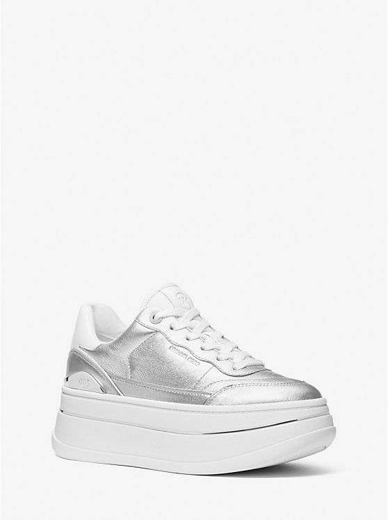 Women Michael Kors Hayes Metallic Leather Platform Sneakers Silver | XMBYJR-491