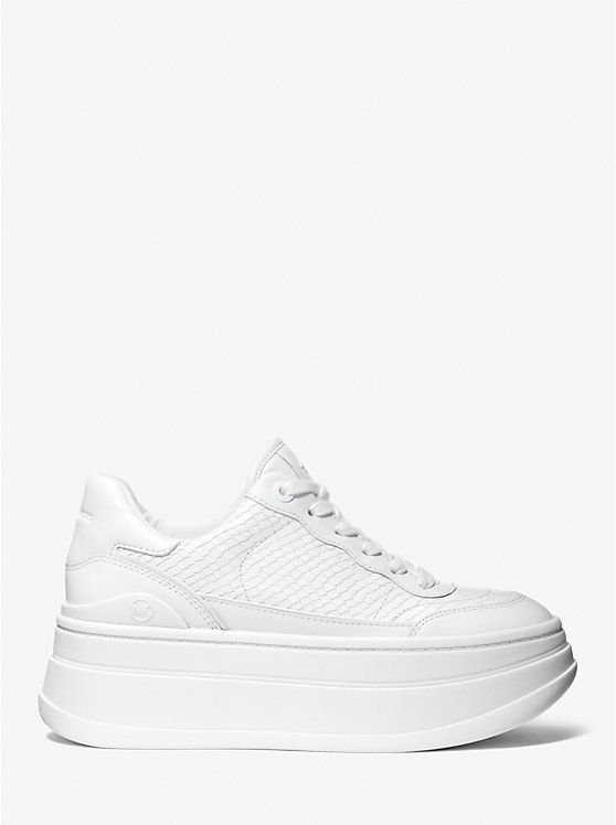 Women Michael Kors Hayes Snake Embossed Leather Platform Sneakers White | XIFEUQ-706