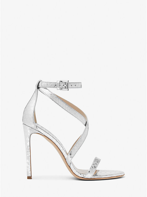 Women Michael Kors Ingrid Metallic Python Embossed Leather Sandals Silver | HEALIG-583