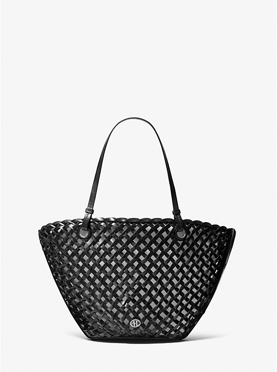 Women Michael Kors Isabella Medium Hand-Woven Leather Tote Bag Black | HIMVKA-479