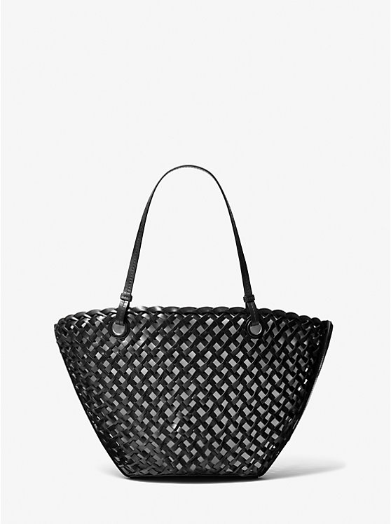 Women Michael Kors Isabella Medium Hand-Woven Leather Tote Bag Black | HIMVKA-479