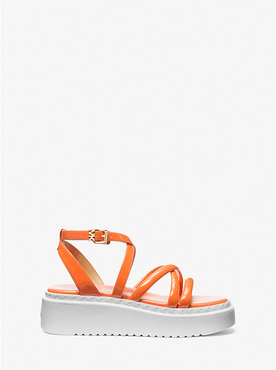 Women Michael Kors Issa Faux Patent Leather Flatform Sandals Apricot | SWAZLY-741