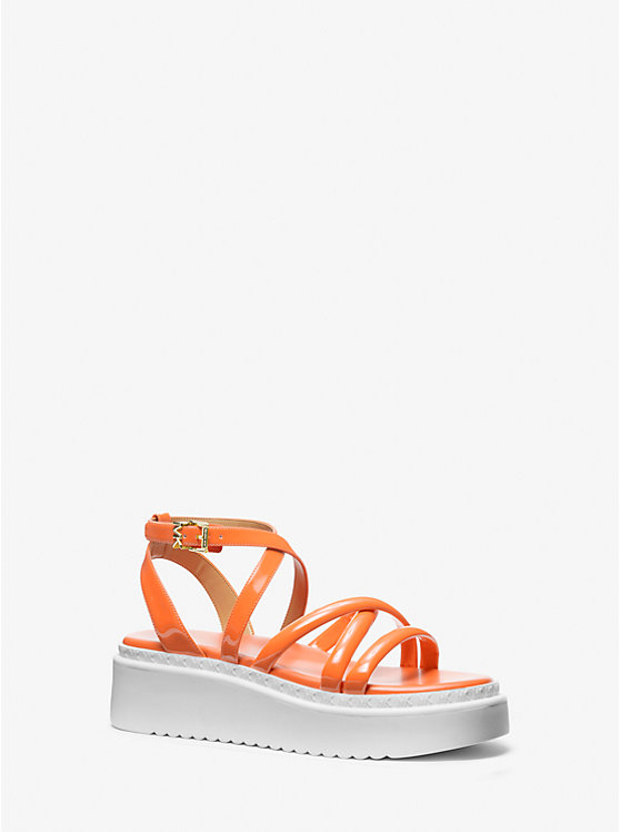 Women Michael Kors Issa Faux Patent Leather Flatform Sandals Apricot | SWAZLY-741