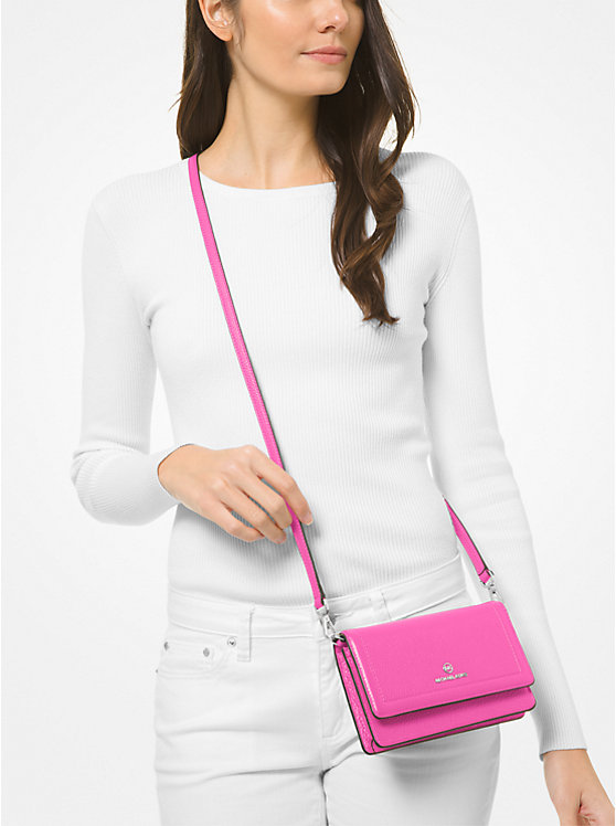 Women Michael Kors Jet Set Small Pebbled Leather Smartphone Convertible Crossbody Bags Pink | UAVZRC-714