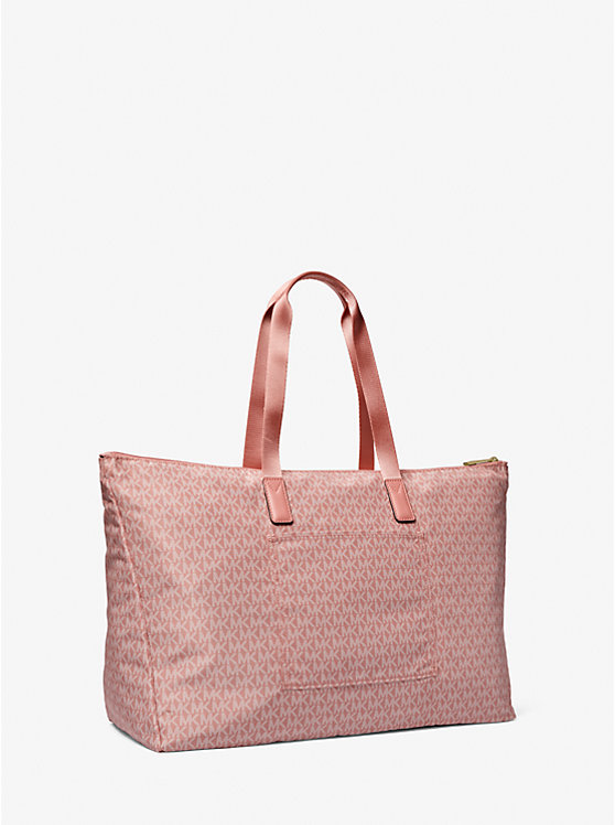 Women Michael Kors Jet Set Travel Large Signature Logo Print Woven Tote Bag Rose | PITDRW-864