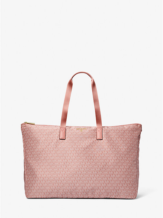 Women Michael Kors Jet Set Travel Large Signature Logo Print Woven Tote Bag Rose | PITDRW-864