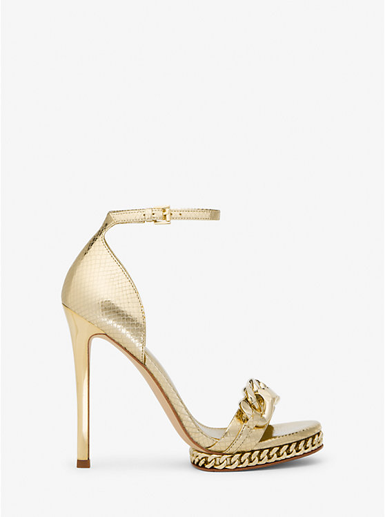 Women Michael Kors Jordyn Embellished Metallic Snake Embossed Leather Platform Sandals Gold | UDYVJE-964