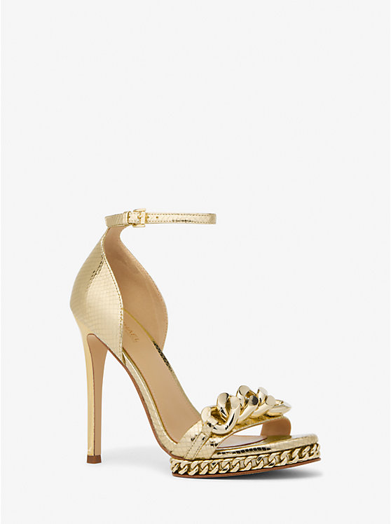 Women Michael Kors Jordyn Embellished Metallic Snake Embossed Leather Platform Sandals Gold | UDYVJE-964