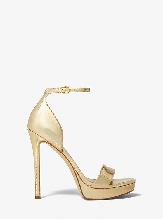 Women Michael Kors Jordyn Metallic Snake Embossed Leather Platform Sandals Gold | KVZMWQ-187