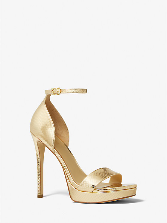 Women Michael Kors Jordyn Metallic Snake Embossed Leather Platform Sandals Gold | KVZMWQ-187