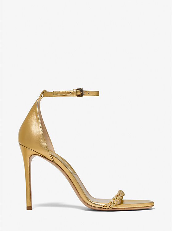 Women Michael Kors Joslyn Metallic Leather Sandals Gold | HVTMQR-789