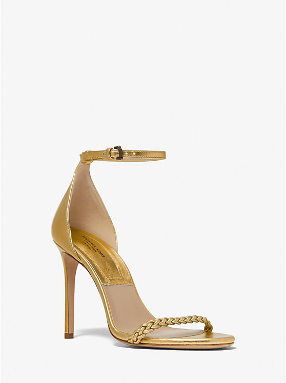 Women Michael Kors Joslyn Metallic Leather Sandals Gold | HVTMQR-789