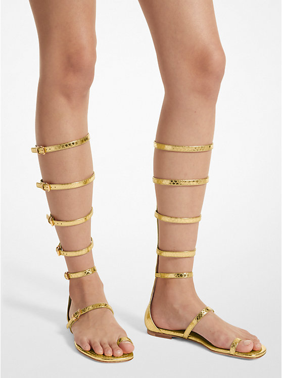 Women Michael Kors Juliette Metallic Python Embossed Leather Gladiator Sandals Gold | QMNTZC-417