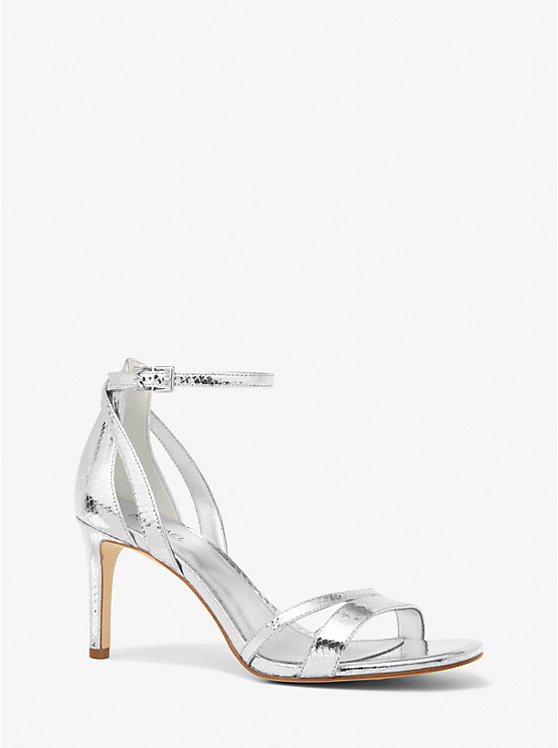 Women Michael Kors Kimberly Metallic Snake Embossed Leather Sandals Silver | BQWAZI-862