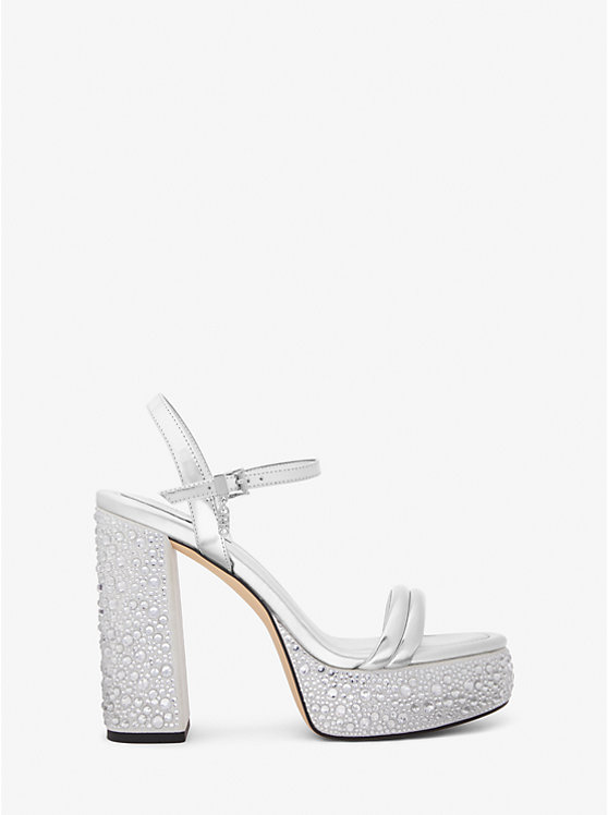 Women Michael Kors Laci Embellished Metallic Leather Platform Sandals Silver | WGAJVC-675