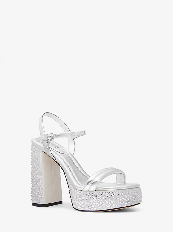 Women Michael Kors Laci Embellished Metallic Leather Platform Sandals Silver | WGAJVC-675