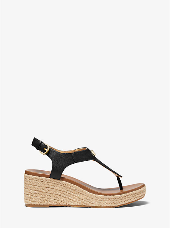 Women Michael Kors Laney Saffiano Leather Wedge Espadrilles Sandals Black | AWHRIK-671