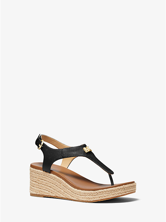 Women Michael Kors Laney Saffiano Leather Wedge Espadrilles Sandals Black | AWHRIK-671