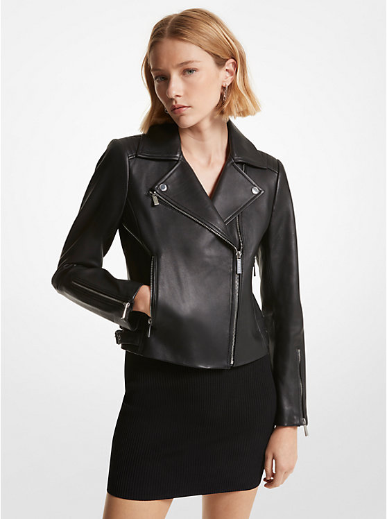 Women Michael Kors Leather Moto Jackets Black | QSLPVM-240