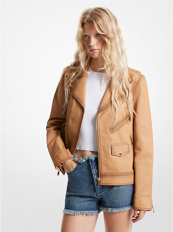 Women Michael Kors Leather Moto Jackets Brown | WQXDAJ-712