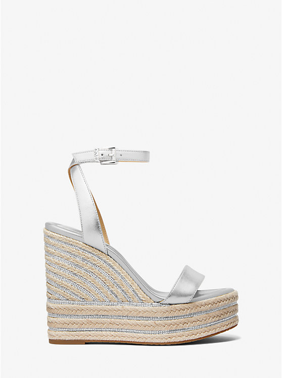 Women Michael Kors Leighton Metallic Leather Wedge Sandals Silver | KQLGBD-195