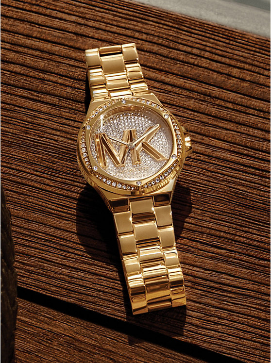 Women Michael Kors Lennox Pavé Logo Gold-Tone Logo Watches Gold | NBPGOE-187