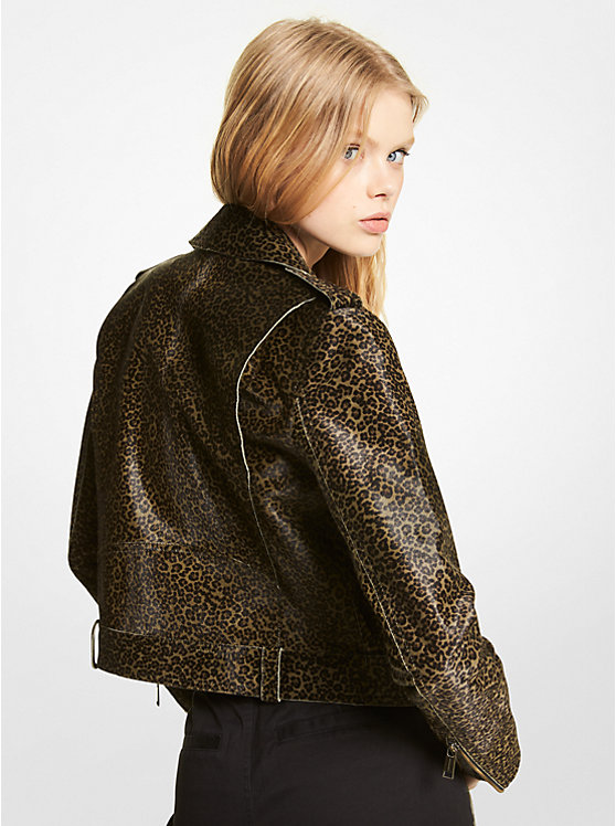 Women Michael Kors Leopard Print Calf Hair Moto Jackets Olive | ZQDNXW-847