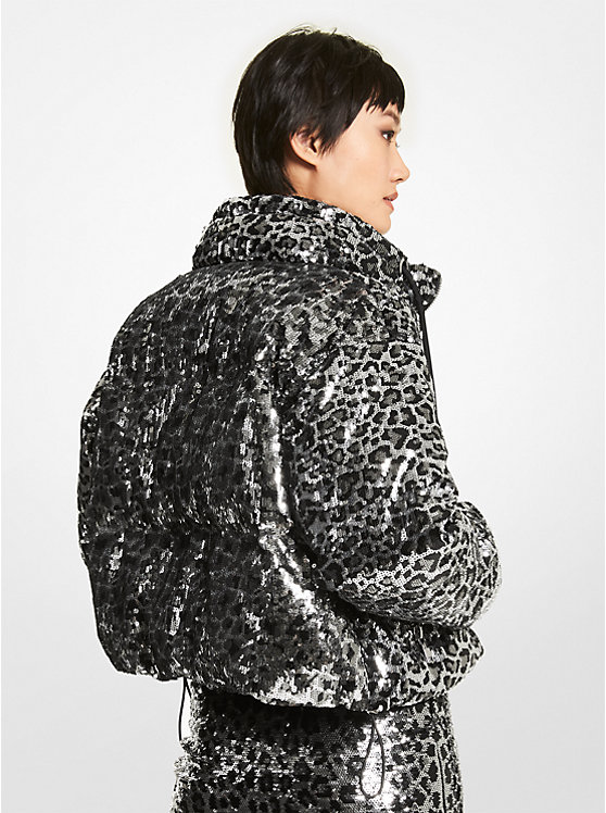 Women Michael Kors Leopard Sequined Cropped Puffer Jackets Black | AZDOVH-401