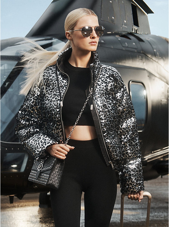 Women Michael Kors Leopard Sequined Cropped Puffer Jackets Black | AZDOVH-401