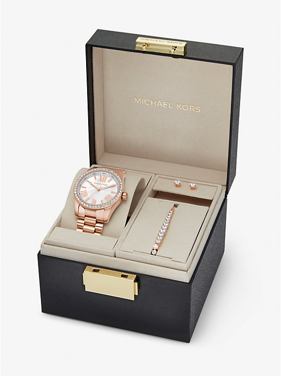 Women Michael Kors Lexington Pavé Rose Gold-Tone and Jewelry Gift Set Watches Rose Gold | ZHWAGP-685