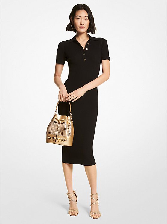 Women Michael Kors Logo Button Ribbed Viscose Blend Polo Dress Black | XUGRBI-067