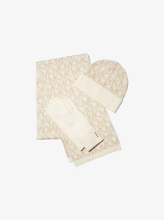 Women Michael Kors Logo Jacquard Scarf, Beanie and Gift Set Gloves Beige | RJOFBH-675