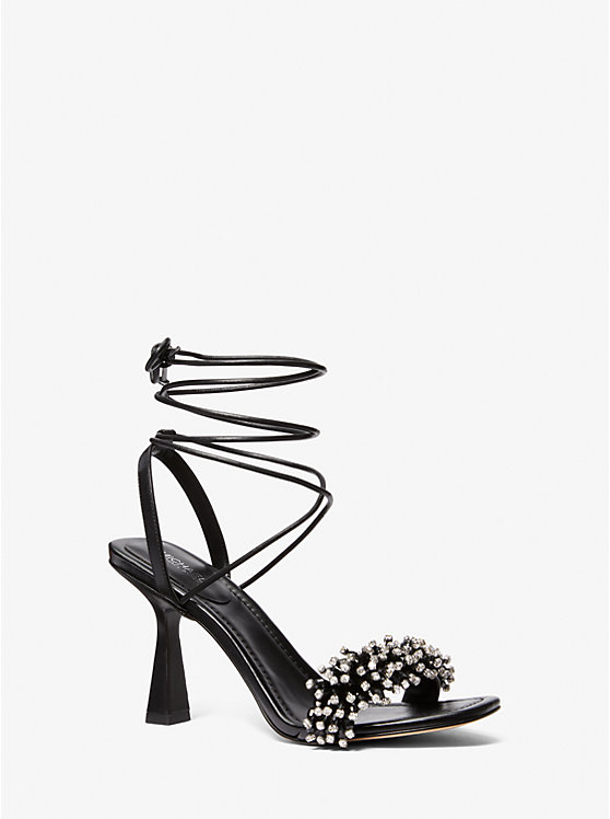 Women Michael Kors Lucia Embellished Leather Sandals Black | IHVYTE-725