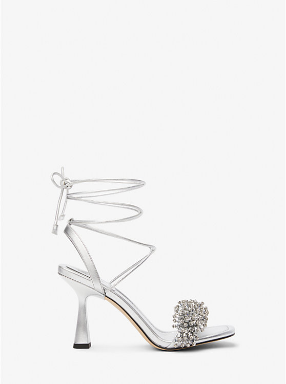 Women Michael Kors Lucia Embellished Metallic Leather Sandals Silver | QAHKWE-736