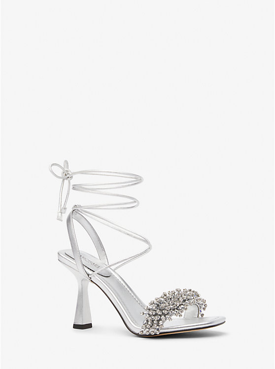 Women Michael Kors Lucia Embellished Metallic Leather Sandals Silver | QAHKWE-736