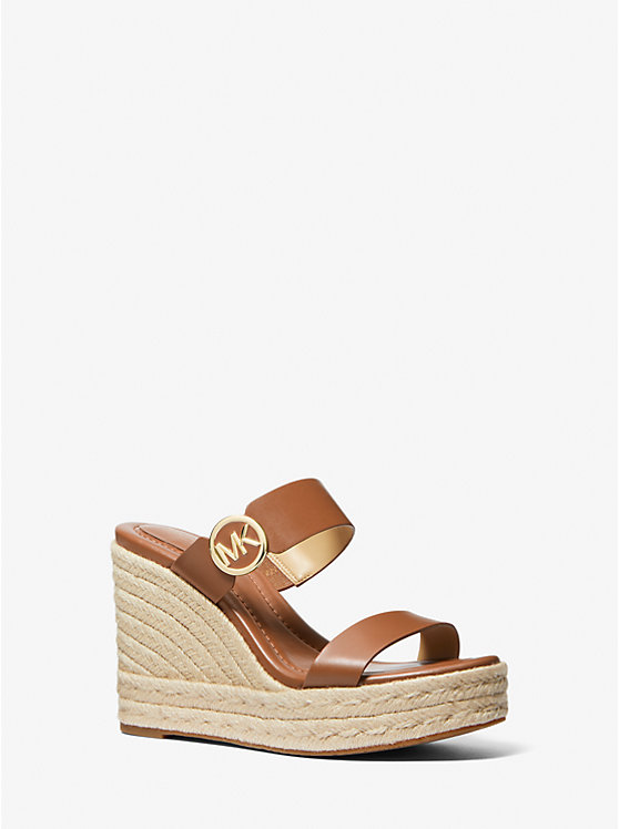 Women Michael Kors Lucinda Leather Wedge Sandals Brown | ZDQSFL-316