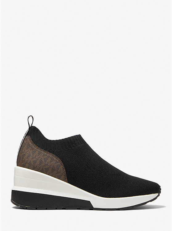 Women Michael Kors Mabel Stretch Knit and Signature Logo Slip-On Sneakers Black | RAUGKI-394