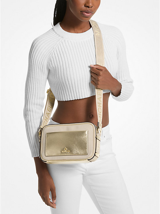 Women Michael Kors Maeve Large Canvas and Metallic Crossbody Bags Gold / Beige | SHQYVJ-281