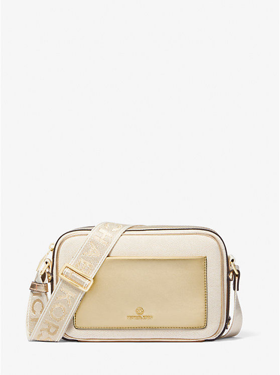 Women Michael Kors Maeve Large Canvas and Metallic Crossbody Bags Gold / Beige | SHQYVJ-281