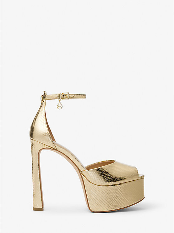 Women Michael Kors Martina Metallic Snake Embossed Leather Peep-Toe Platform Pumps Gold | WHIYVN-364