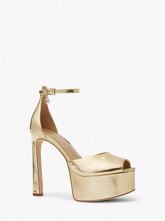 Women Michael Kors Martina Metallic Snake Embossed Leather Peep-Toe Platform Pumps Gold | WHIYVN-364