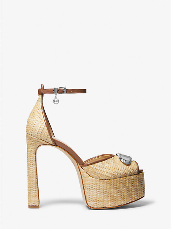 Women Michael Kors Martina Straw Peep-Toe Platform Pumps Beige | JGVDKY-206