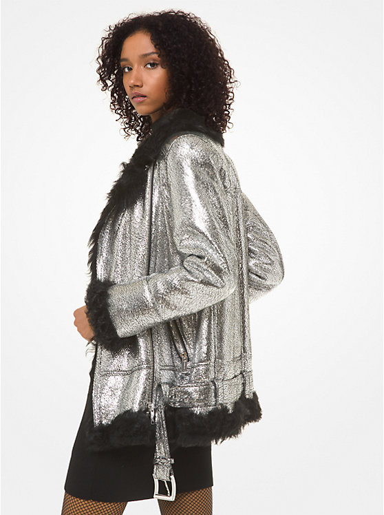 Women Michael Kors Metallic Shearling Coats Black / Silver | WIQVND-782