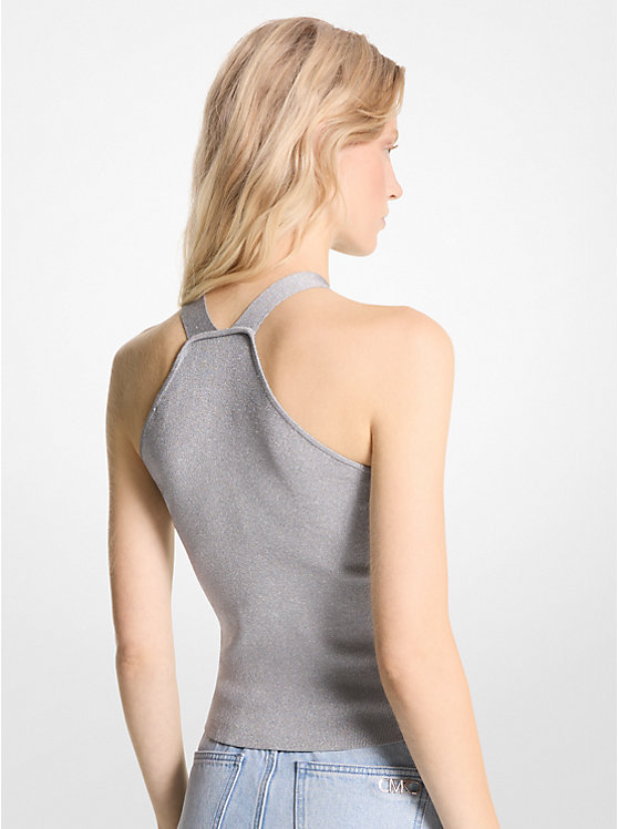 Women Michael Kors Metallic Stretch Knit Cutout Halter Tanks Silver | FPEAZH-768