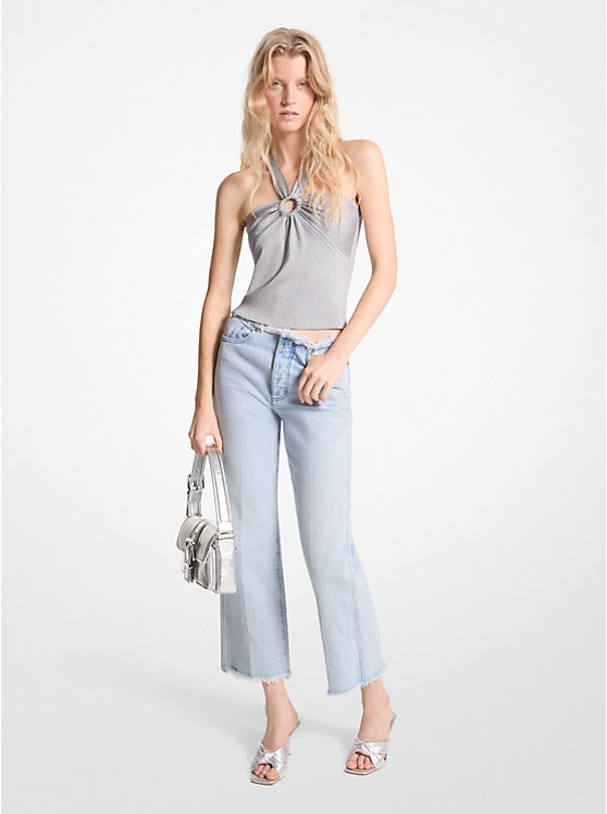 Women Michael Kors Metallic Stretch Knit Cutout Halter Tanks Silver | FPEAZH-768