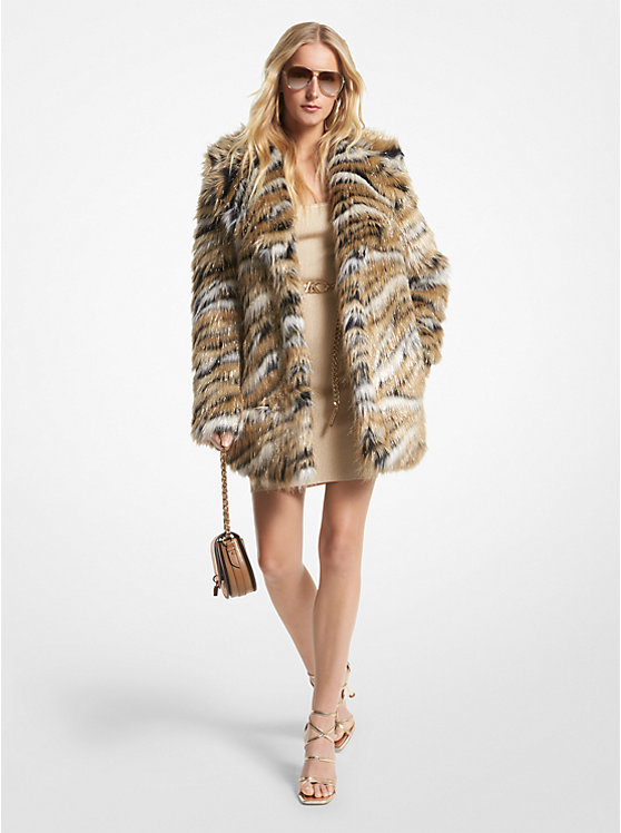 Women Michael Kors Metallic Tiger Jacquard Faux Fur Coats Khaki | XLAFTP-068