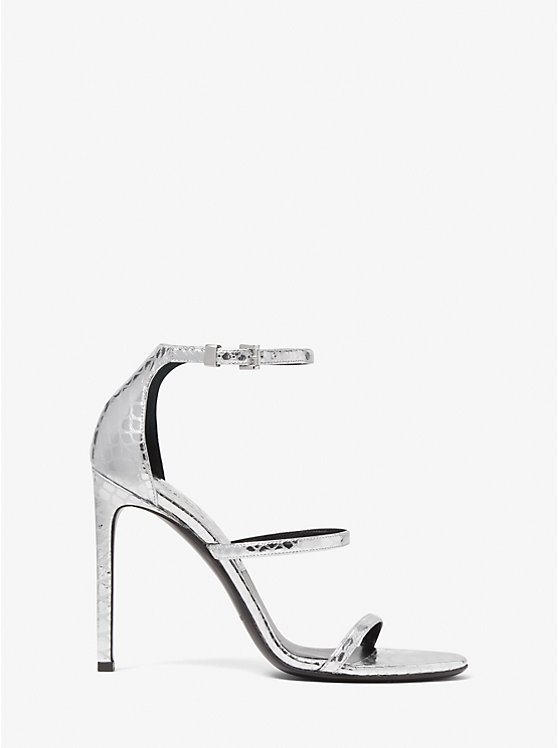 Women Michael Kors Nadege Python Embossed Leather Sandals Silver | LVWYFC-762