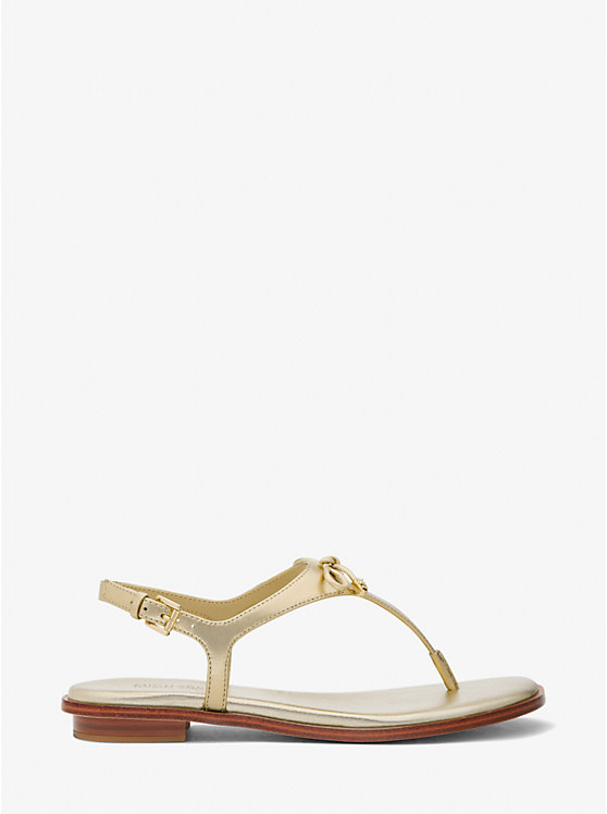 Women Michael Kors Nori Metallic Leather T-Strap Sandals Gold | TJNBXS-251